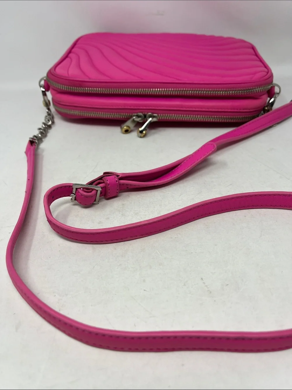 RARE Henri Bendel No. 7 East West Quilted Leather iPad Crossbody Bag - Hot Pink